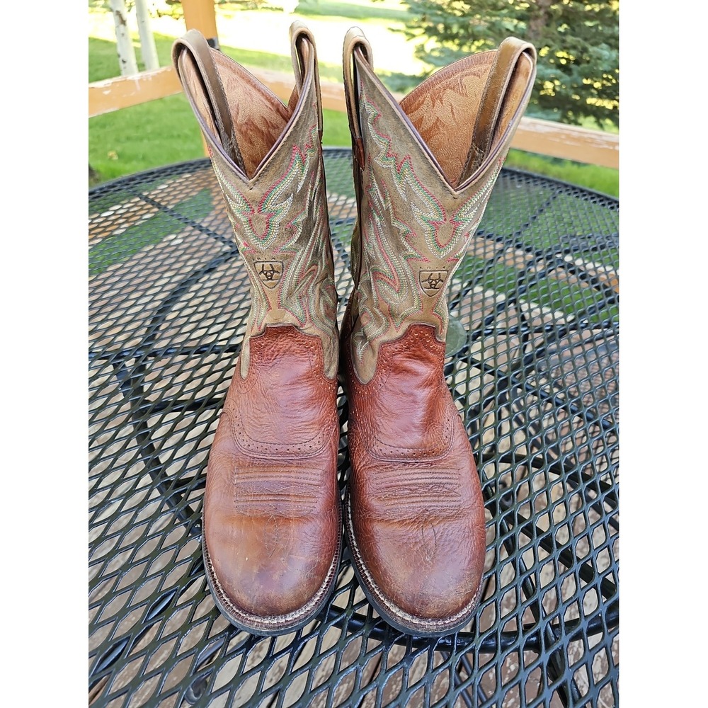 Men's Western Cowboy Boots Brown Leather Embroidered 9.5 EE Extra Wide